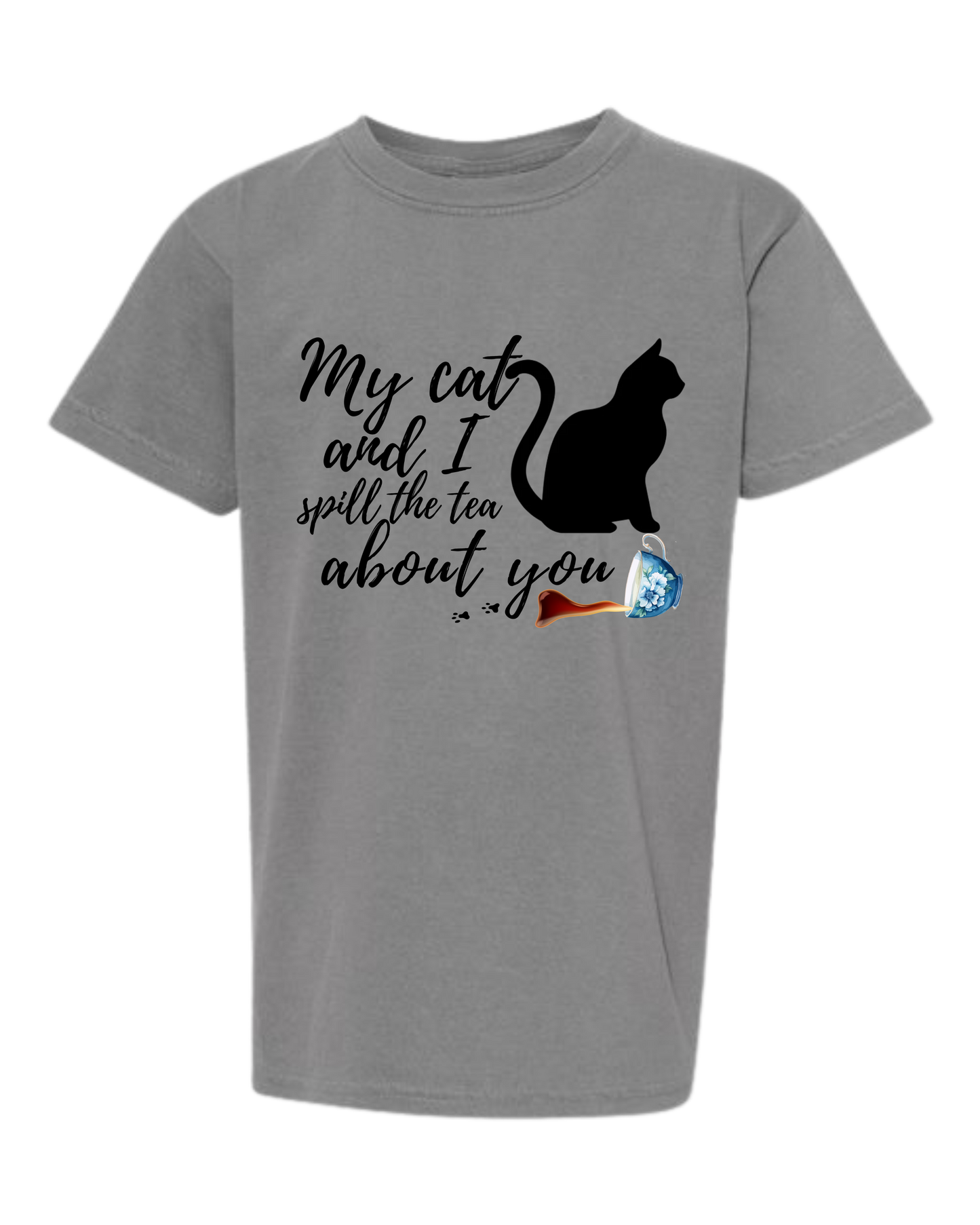 My Cat and I spill the tea about you - Comfort Colors - Heavyweight Youth Tee - Neutral Colors & Blues