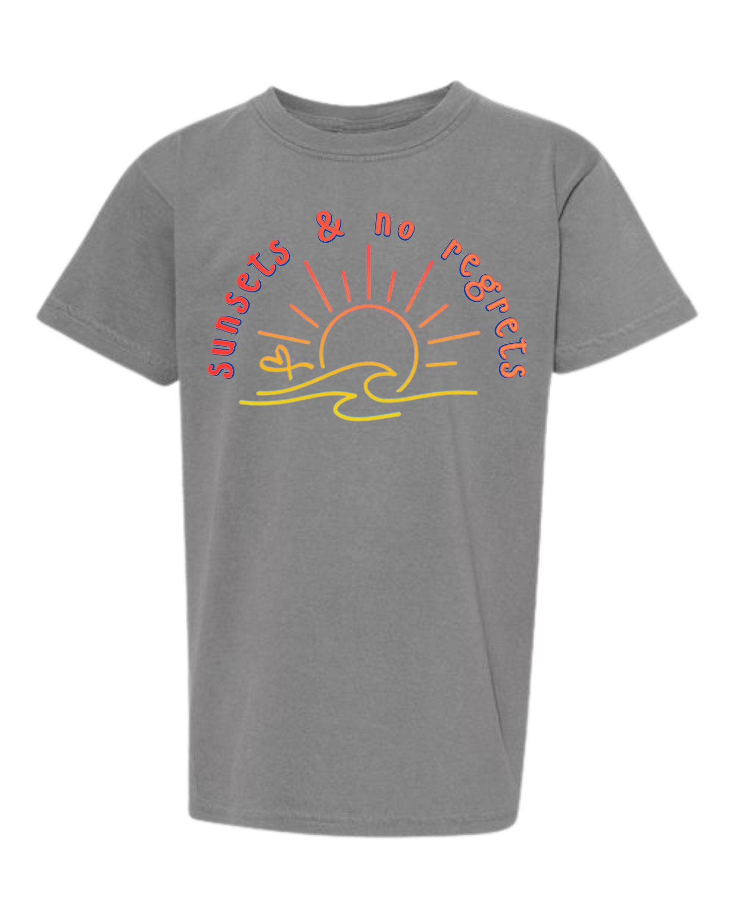 Sunsets & No Regrets - Comfort Colors - Heavyweight Youth Tee - Neutral Colors & Blues