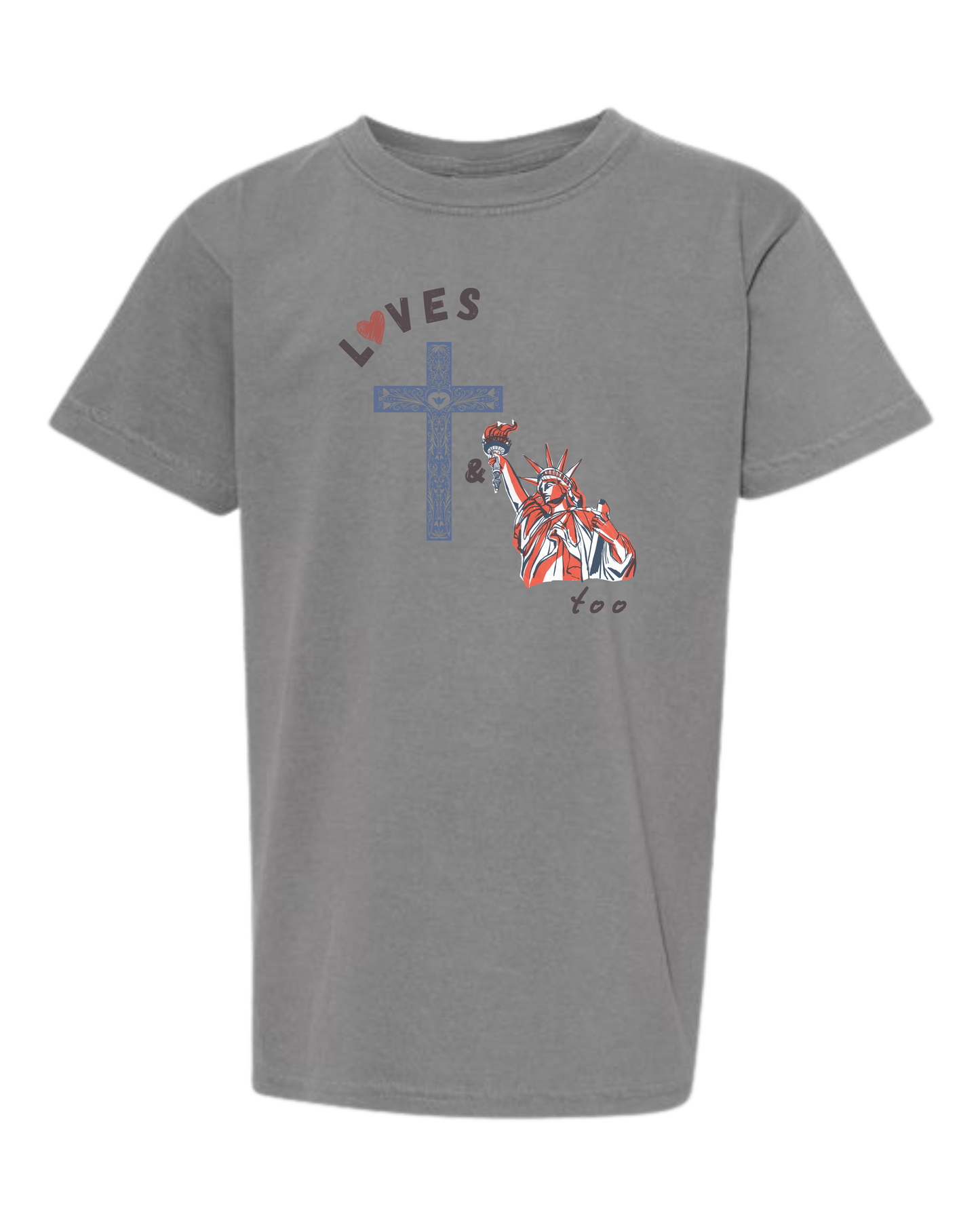 Loves Jesus & America too - Comfort Colors - Heavyweight Youth Tee - Neutral Colors & Blues