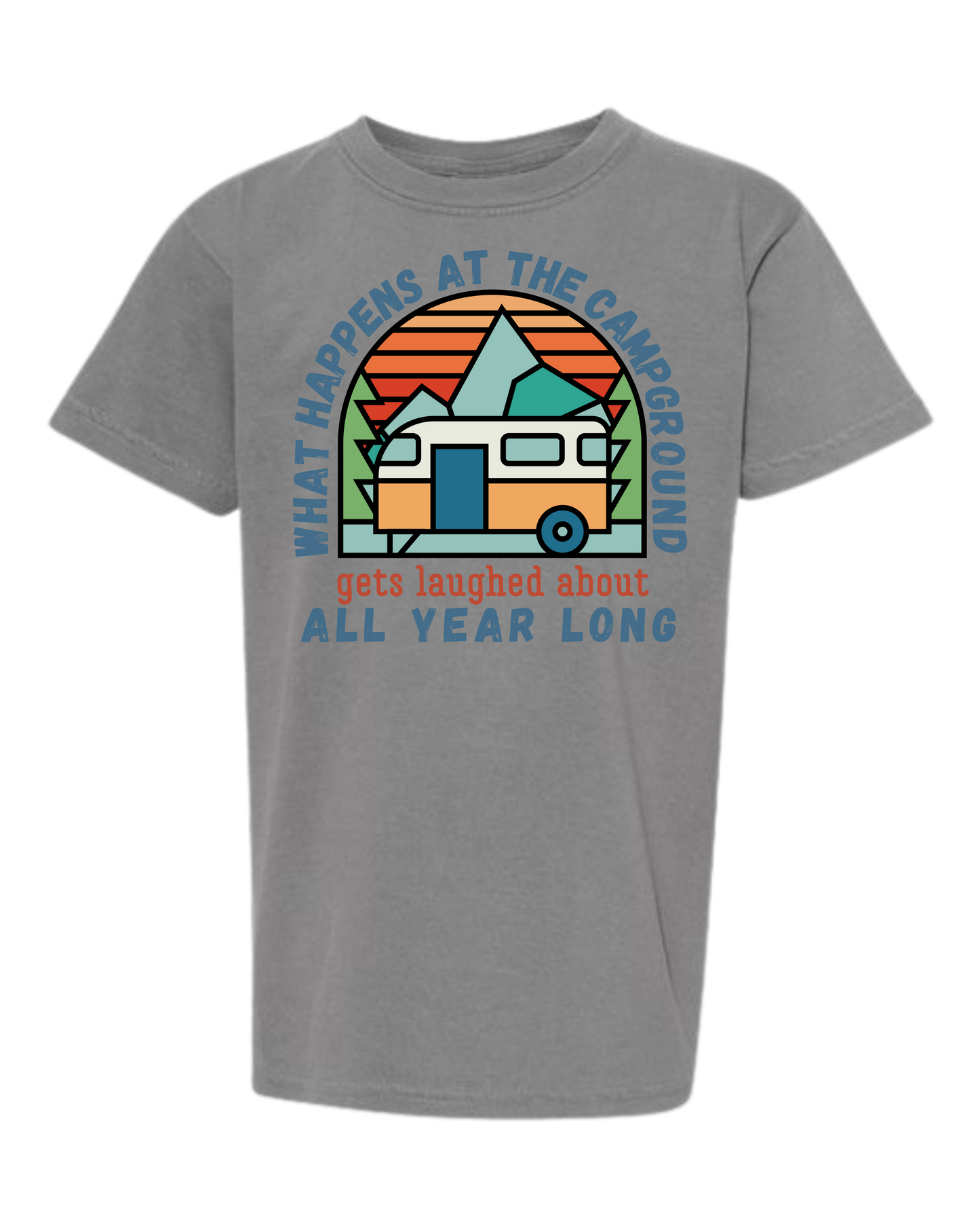 What Happens At The Campground - Comfort Colors - Heavyweight Youth Tee - Neutral Colors & Blues