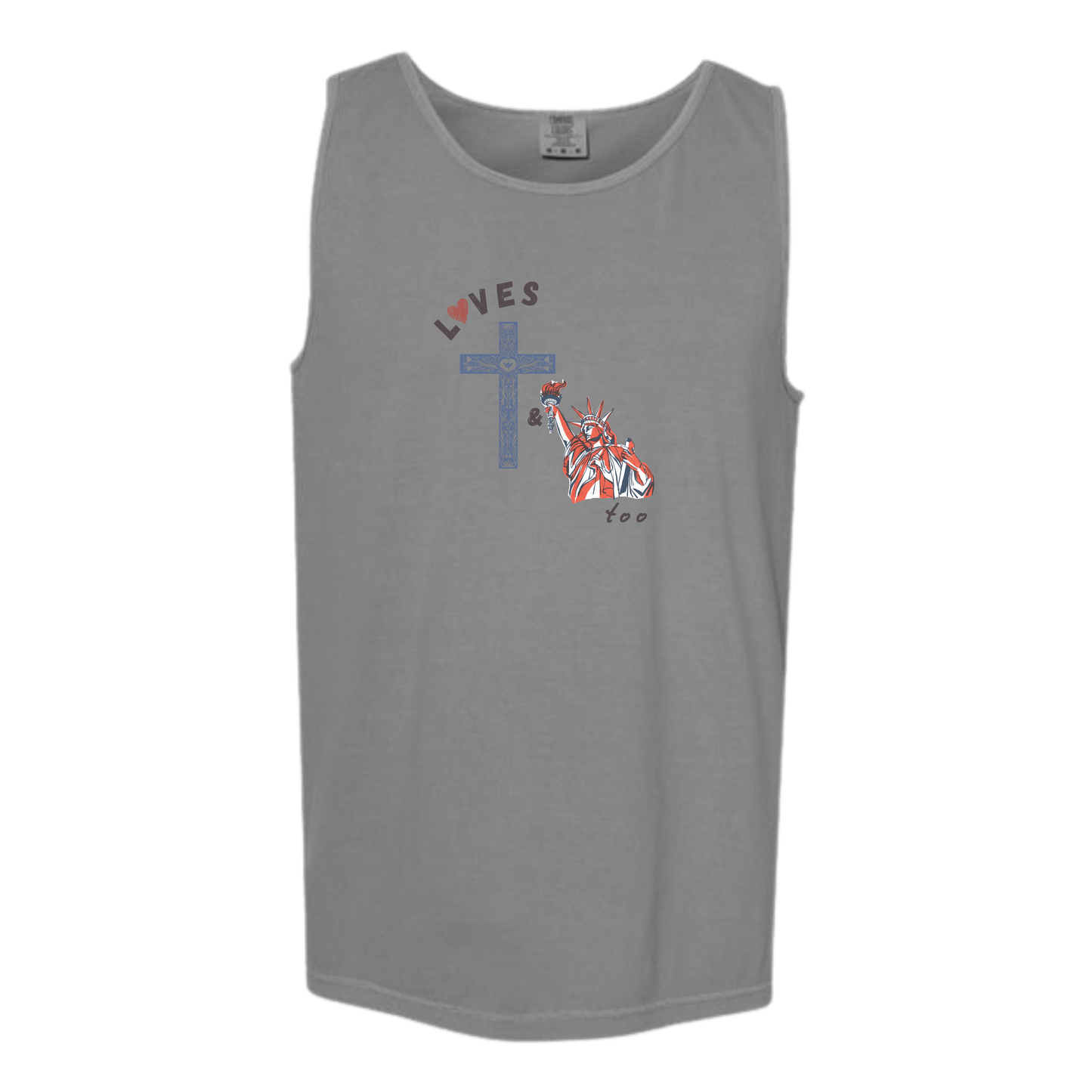 Loves Jesus & America too - Comfort Colors - Unisex Tank - Neutral Colors & Blues