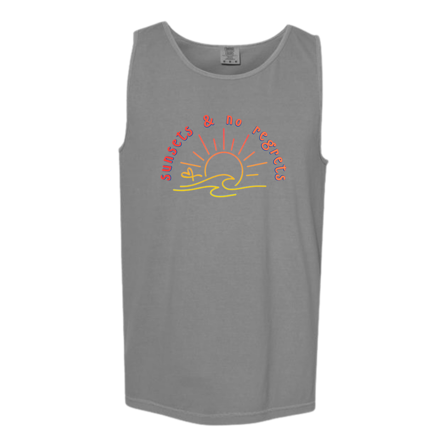 Sunsets & No Regrets - Comfort Colors - Unisex Tank - Neutral Colors & Blues