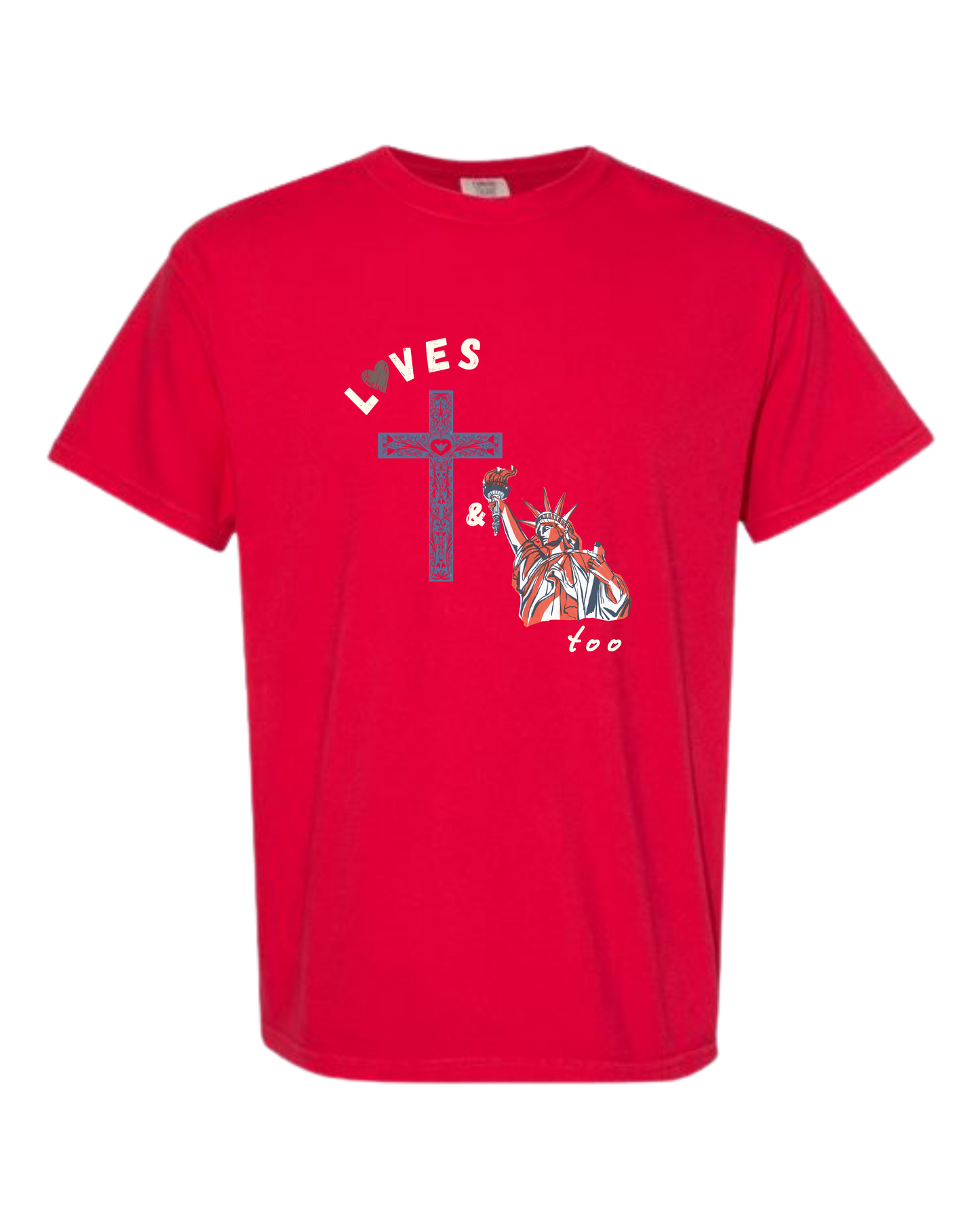Loves Jesus & America too - Comfort Colors - Heavyweight Unisex Tee - Yellows, Oranges, Reds