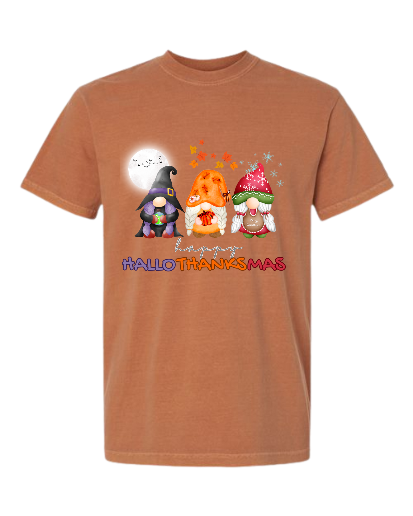 Happy HalloThanksMas Gnomes - Comfort Colors - Heavyweight Unisex Tee - Yellows, Oranges