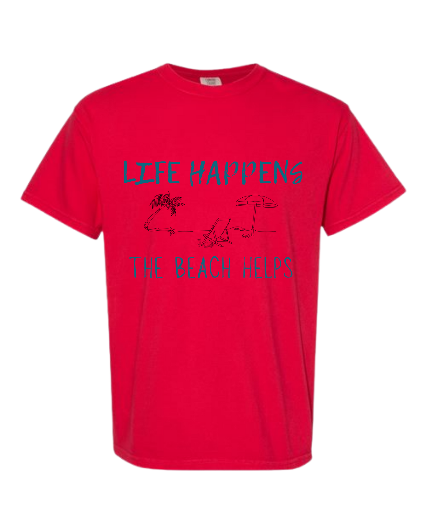 Life Happens The Beach Helps - Comfort Colors - Heavyweight Unisex Tee - Yellows, Oranges, Reds