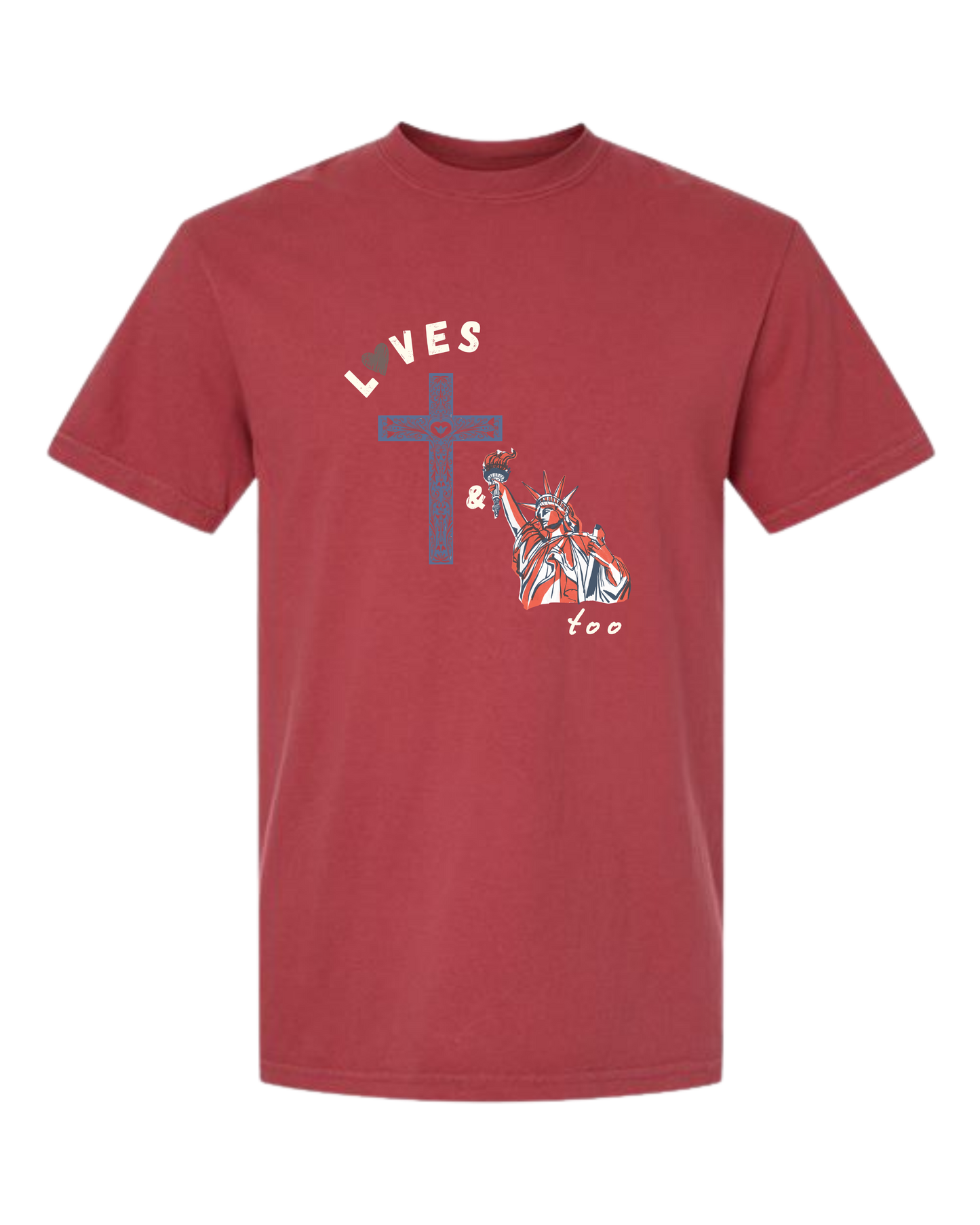 Loves Jesus & America too - Comfort Colors - Heavyweight Unisex Tee - Yellows, Oranges, Reds