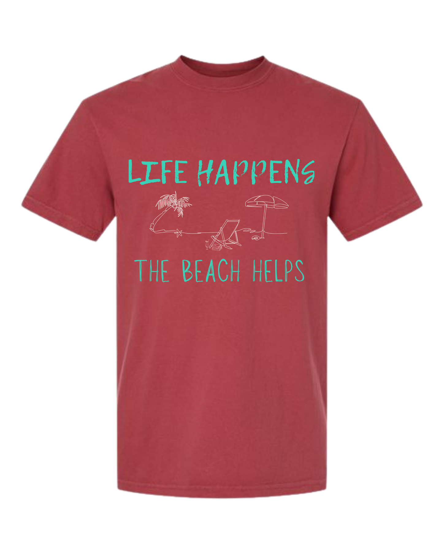 Life Happens The Beach Helps - Comfort Colors - Heavyweight Unisex Tee - Yellows, Oranges, Reds
