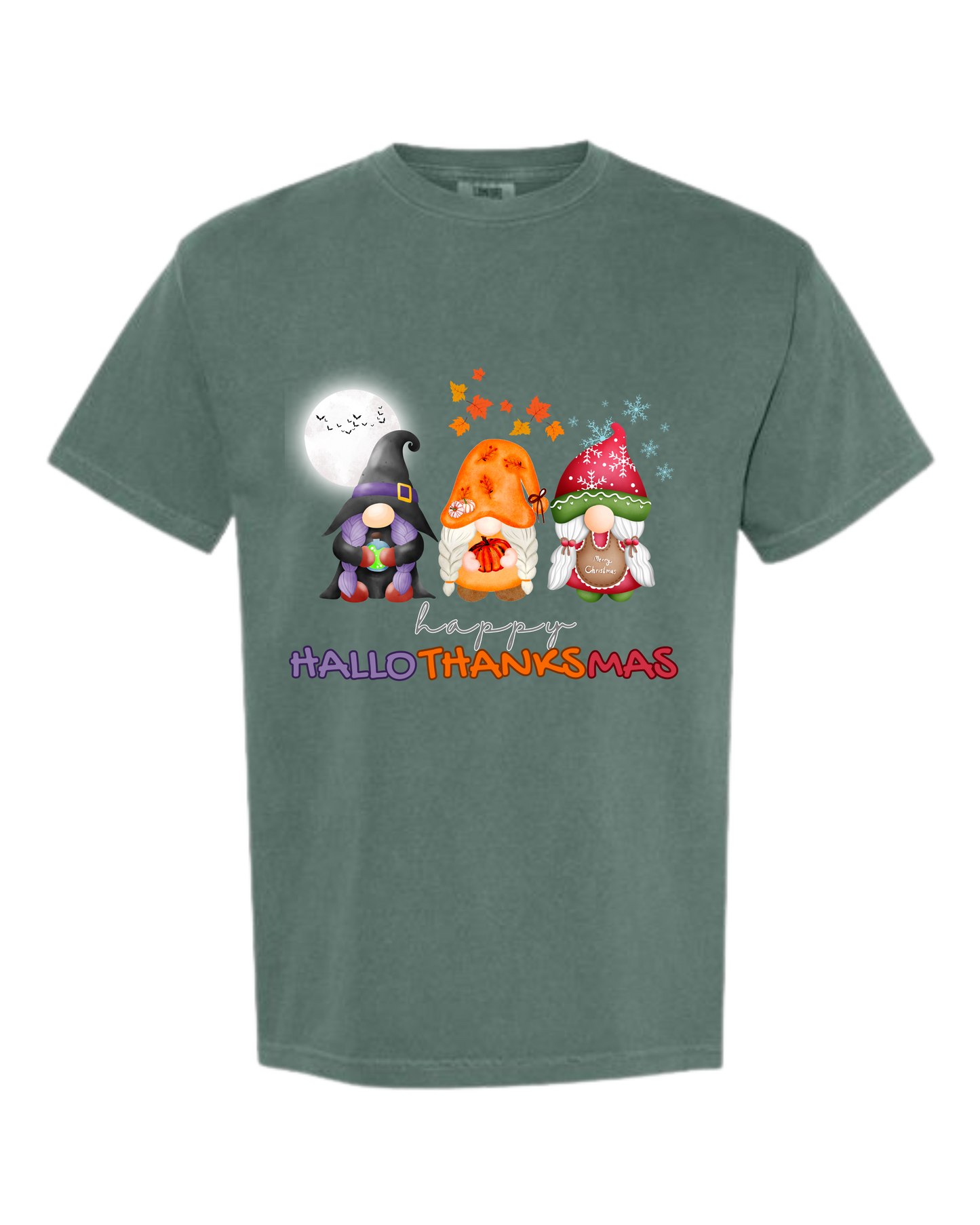 Happy HalloThanksMas Gnomes - Comfort Colors - Heavyweight Unisex Tee - Greens