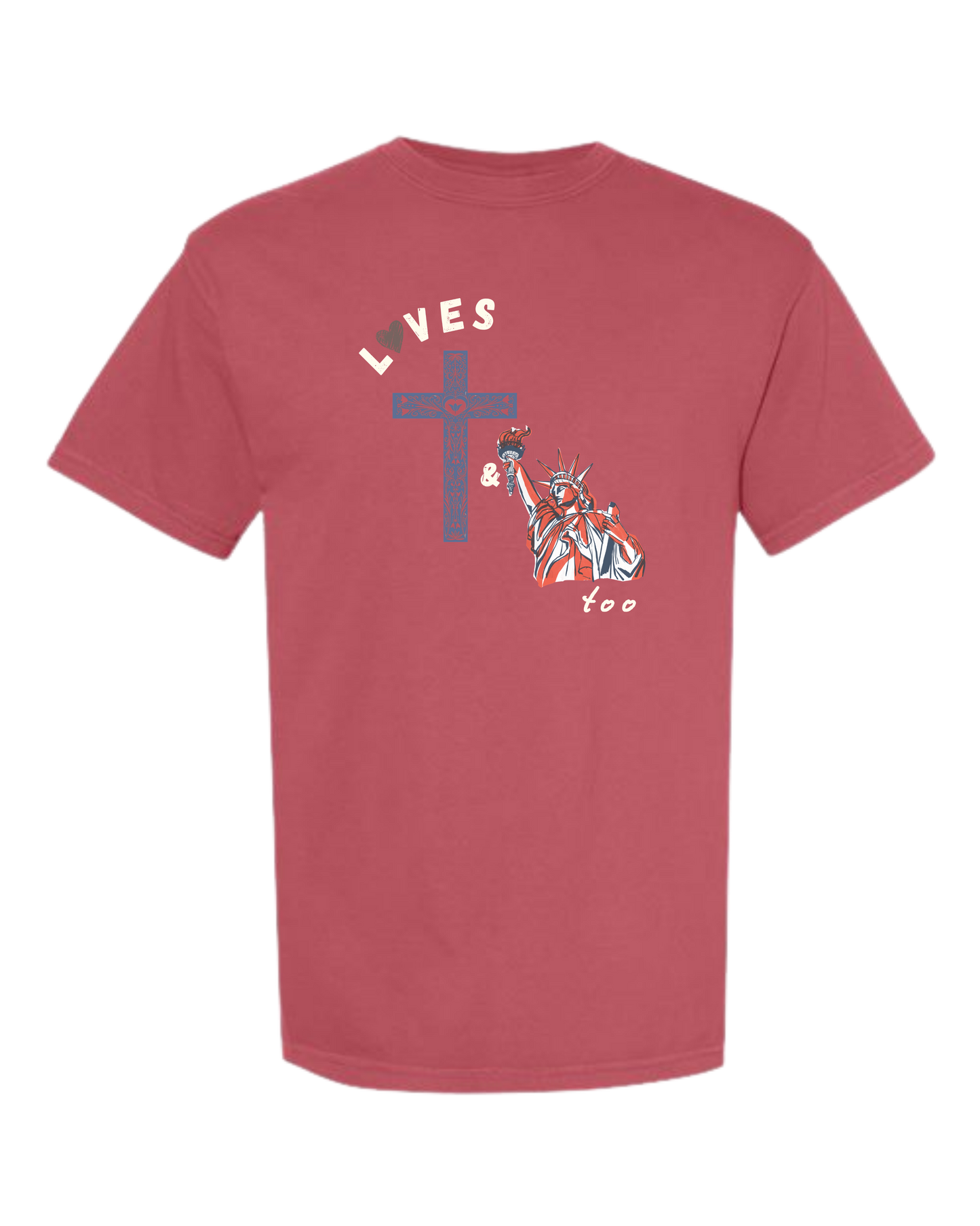 Loves Jesus & America too - Comfort Colors - Heavyweight Unisex Tee - Yellows, Oranges, Reds
