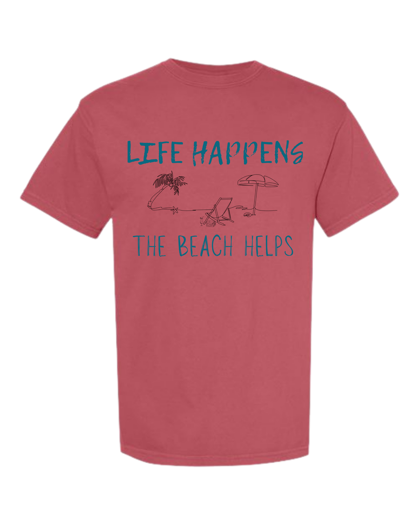 Life Happens The Beach Helps - Comfort Colors - Heavyweight Unisex Tee - Yellows, Oranges, Reds