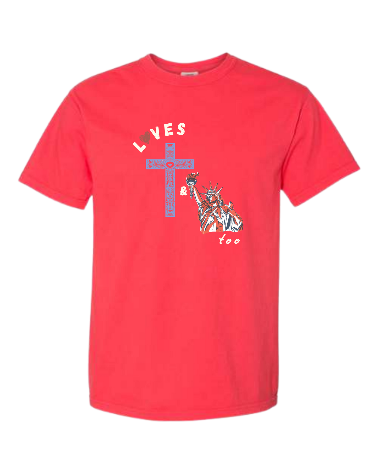 Loves Jesus & America too - Comfort Colors - Heavyweight Unisex Tee - Yellows, Oranges, Reds