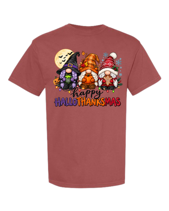 Happy HalloThanksMas Gnomes - Comfort Colors - Heavyweight Unisex Tee - Reds
