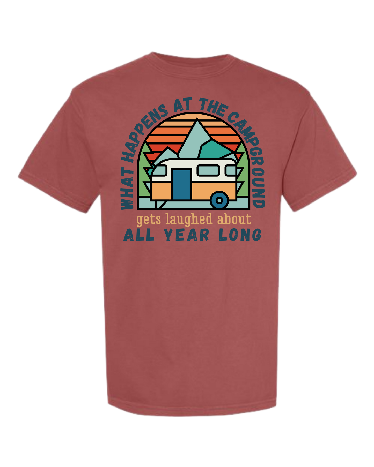 What Happens At The Campground - Comfort Colors - Heavyweight Unisex Tee - Yellows, Oranges, Reds