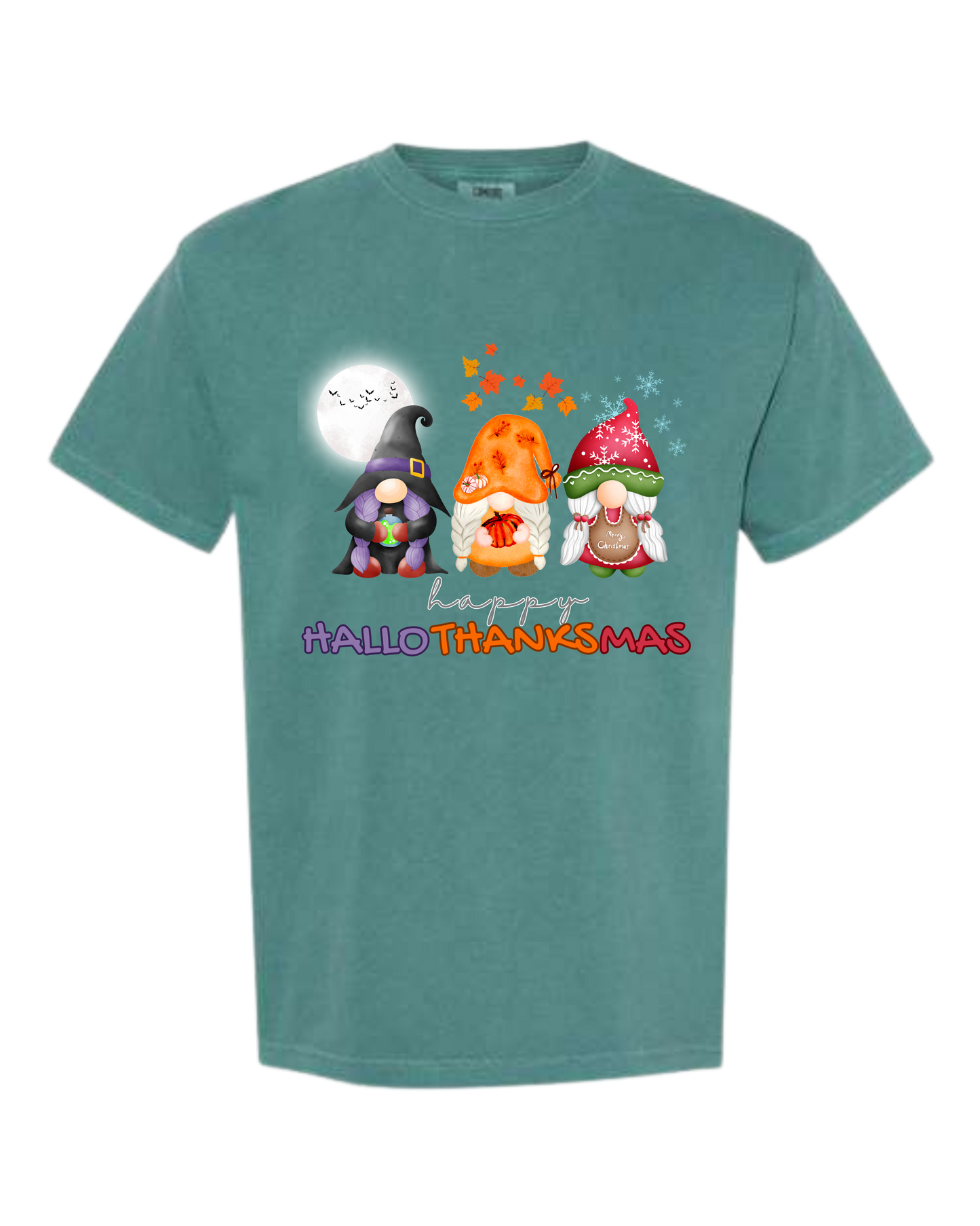 Happy HalloThanksMas Gnomes - Comfort Colors - Heavyweight Unisex Tee - Greens