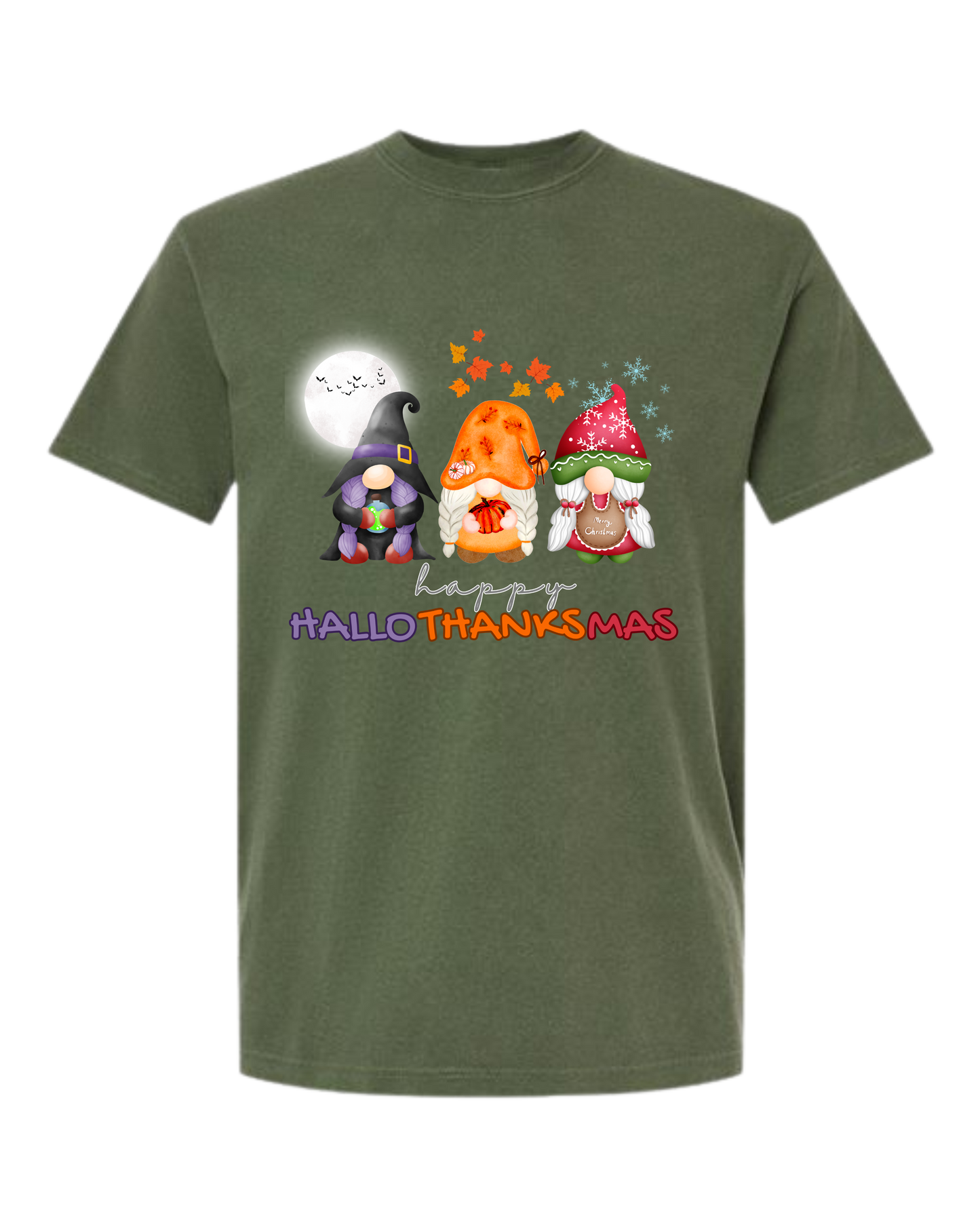 Happy HalloThanksMas Gnomes - Comfort Colors - Heavyweight Unisex Tee - Greens