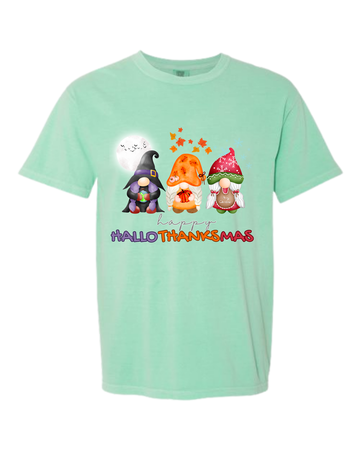 Happy HalloThanksMas Gnomes - Comfort Colors - Heavyweight Unisex Tee - Greens
