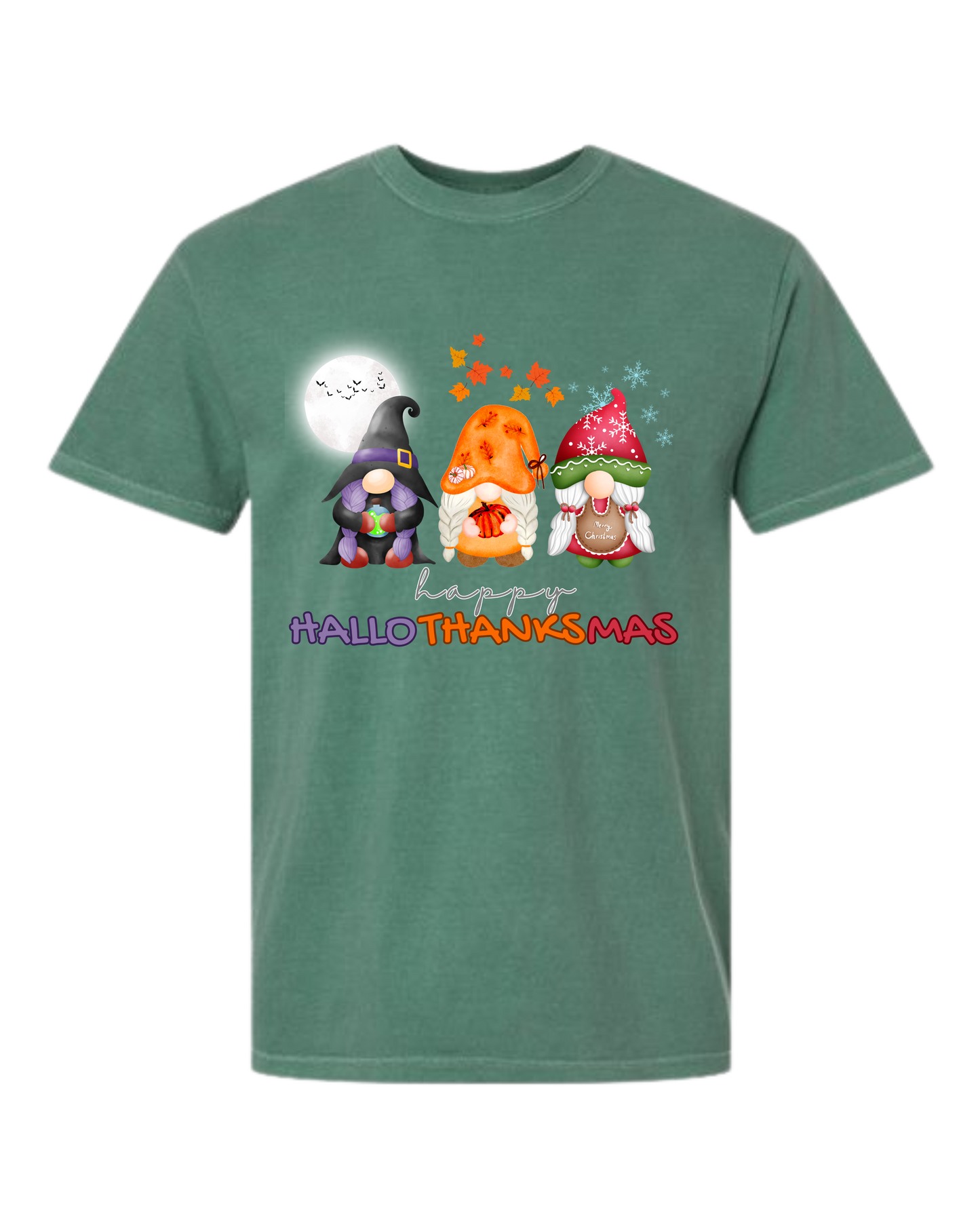Happy HalloThanksMas Gnomes - Comfort Colors - Heavyweight Unisex Tee - Greens