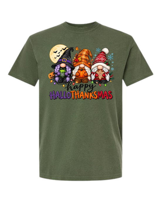 Happy HalloThanksMas Gnomes - Comfort Colors - Heavyweight Unisex Tee - Greens