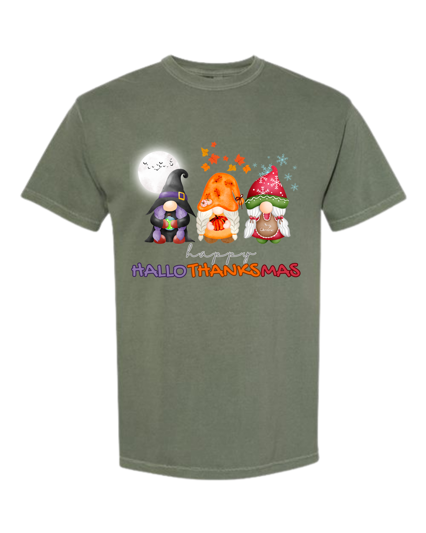 Happy HalloThanksMas Gnomes - Comfort Colors - Heavyweight Unisex Tee - Greens