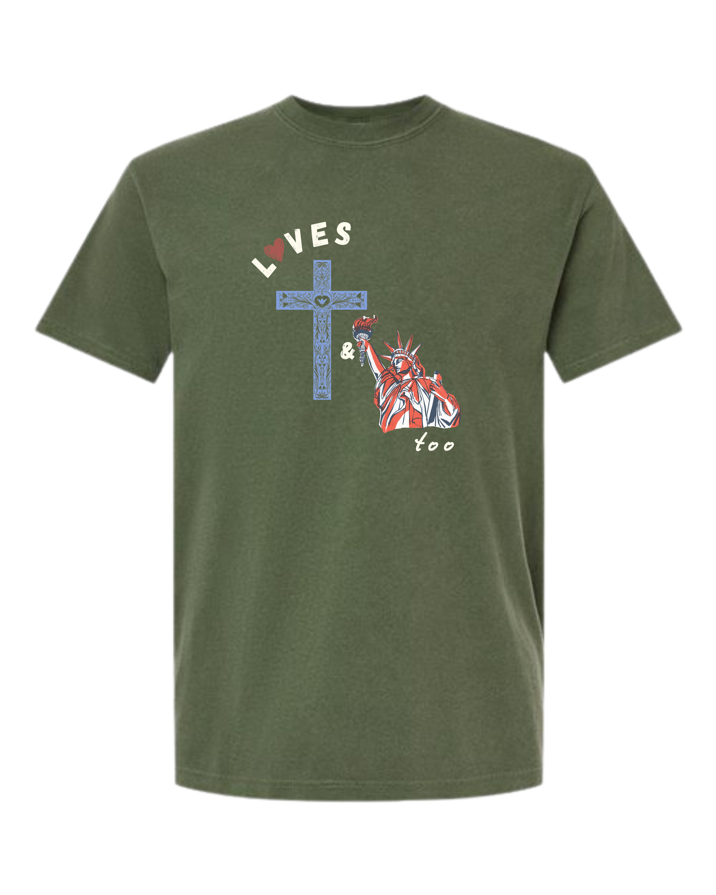 Loves Jesus & America too - Comfort Colors - Heavyweight Unisex Tee - Greens