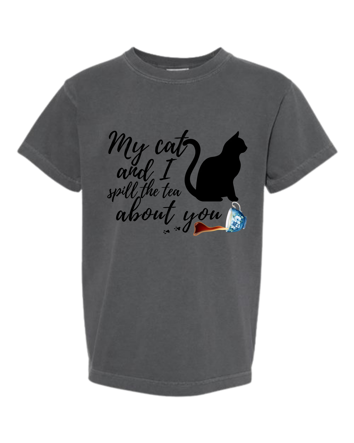 My Cat and I spill the tea about you - Comfort Colors - Heavyweight Youth Tee - Neutral Colors & Blues