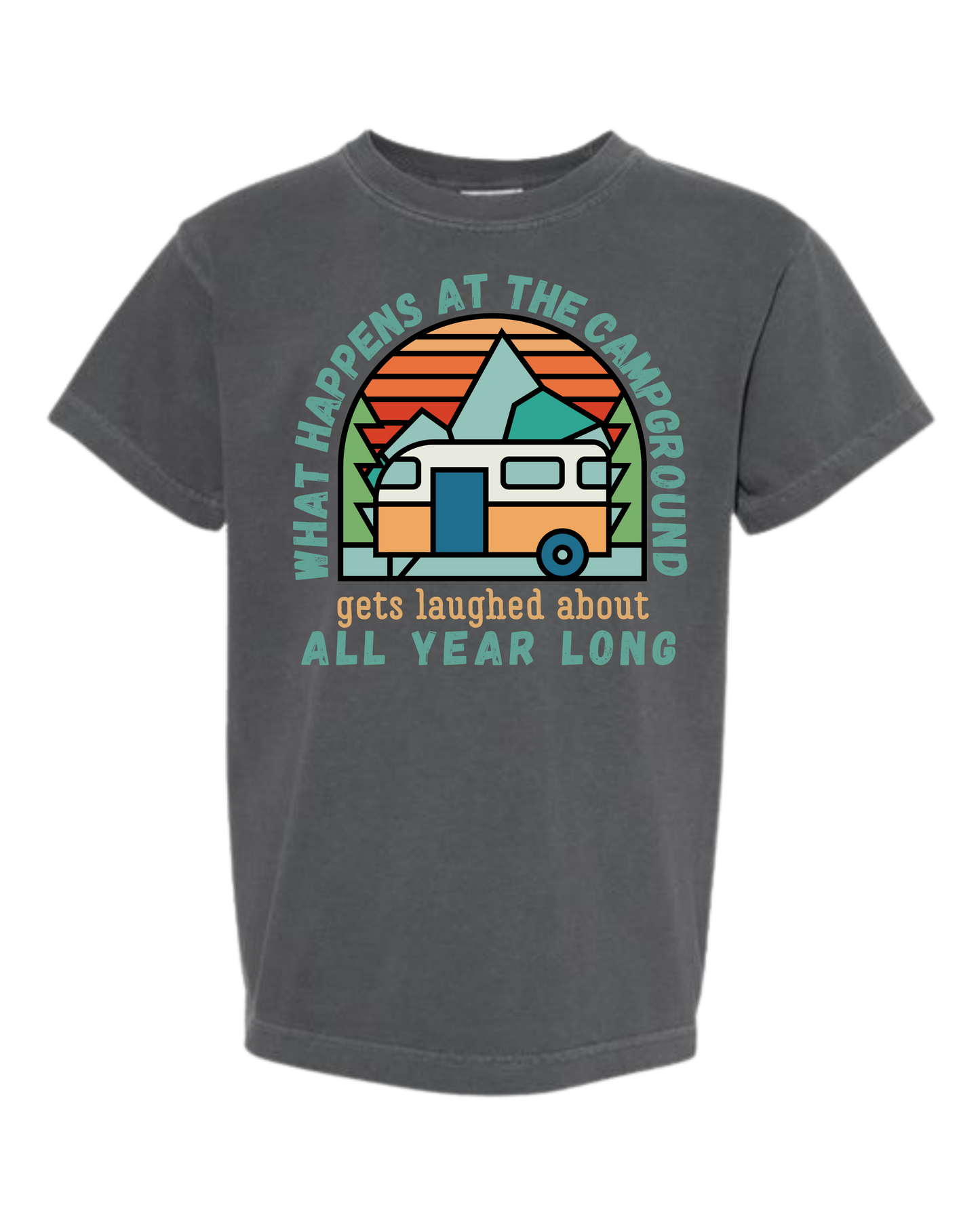 What Happens At The Campground - Comfort Colors - Heavyweight Youth Tee - Neutral Colors & Blues