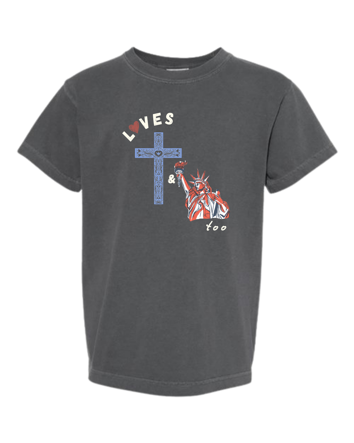 Loves Jesus & America too - Comfort Colors - Heavyweight Youth Tee - Neutral Colors & Blues
