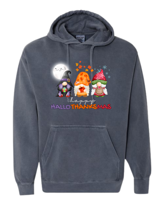 Happy HalloThanksMas Gnomes - Comfort Colors - Hooded Sweatshirt - Assorted Colors