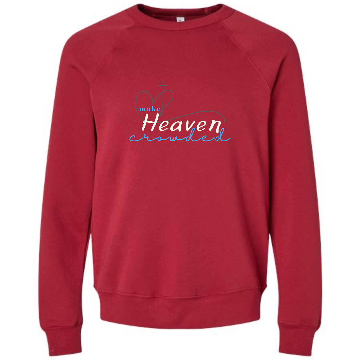 Red raglan sweatshirt with Make Heaven Crowded Heart and Cross image