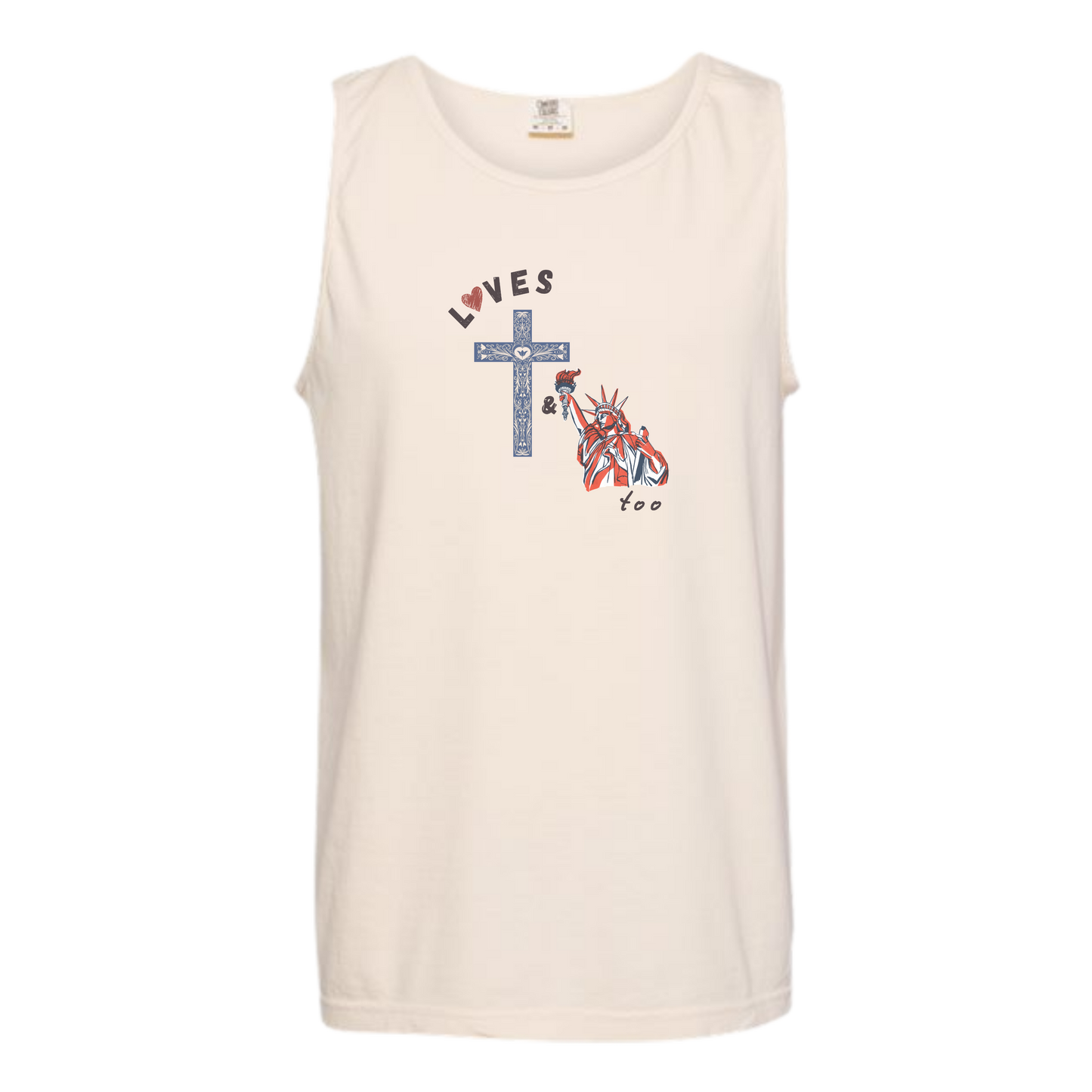 Loves Jesus & America too - Comfort Colors - Unisex Tank - Neutral Colors & Blues