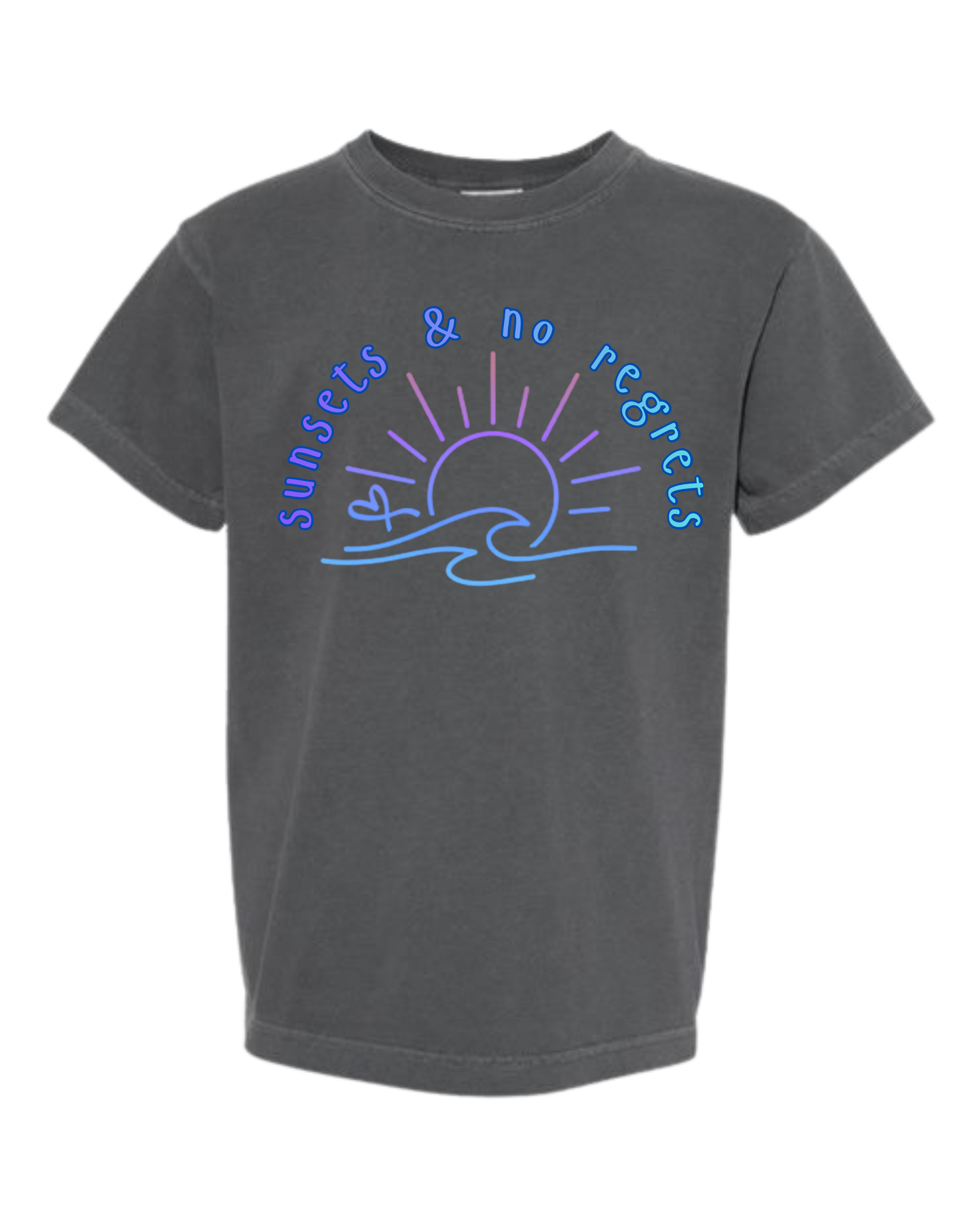 Sunsets & No Regrets - Comfort Colors - Heavyweight Youth Tee - Neutral Colors & Blues