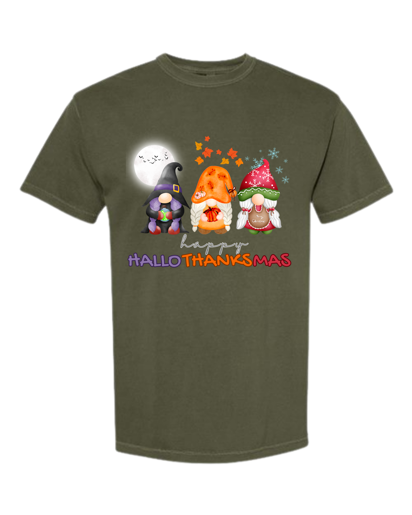 Happy HalloThanksMas Gnomes - Comfort Colors - Heavyweight Unisex Tee - Greens