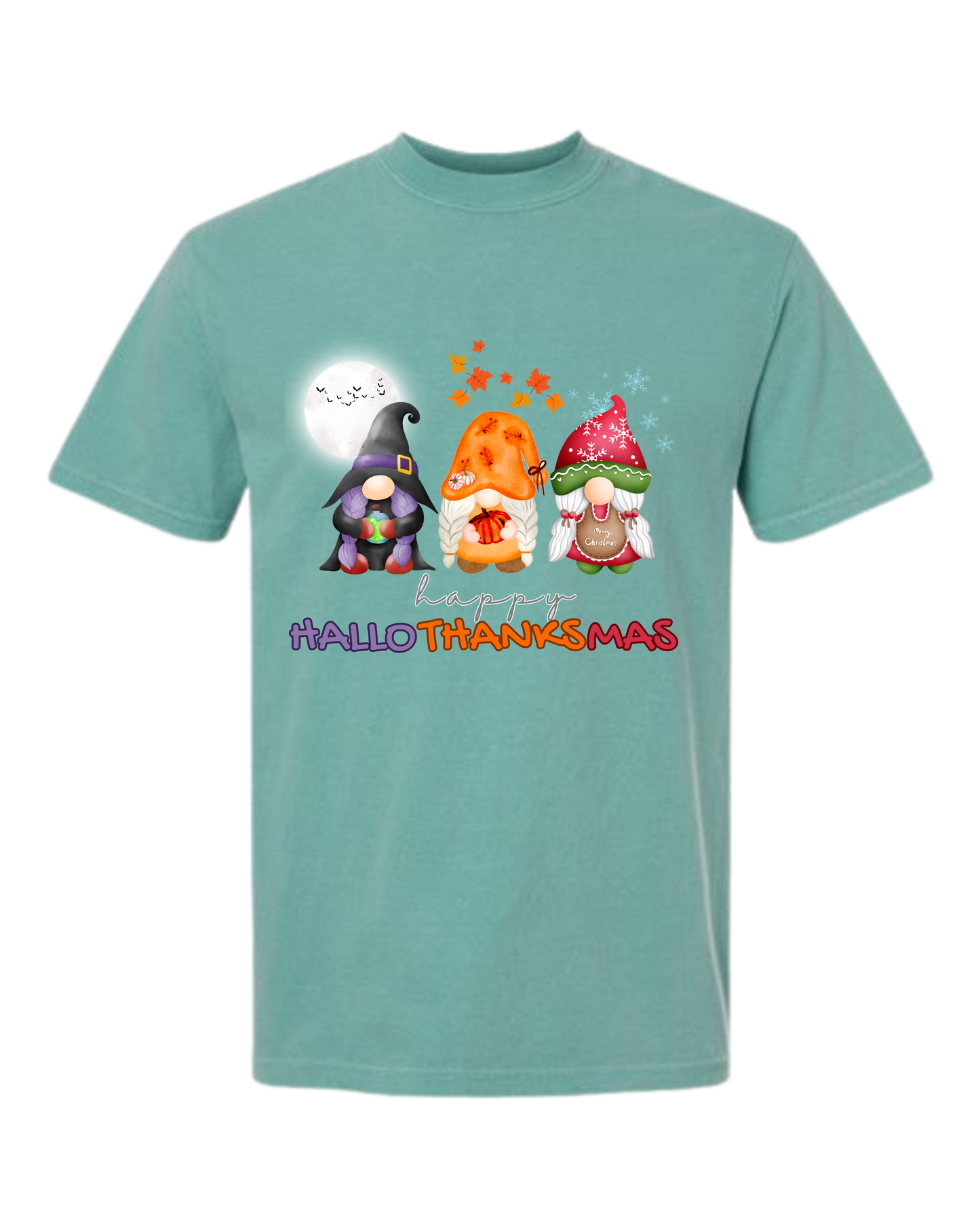 Happy HalloThanksMas Gnomes - Comfort Colors - Heavyweight Unisex Tee - Greens