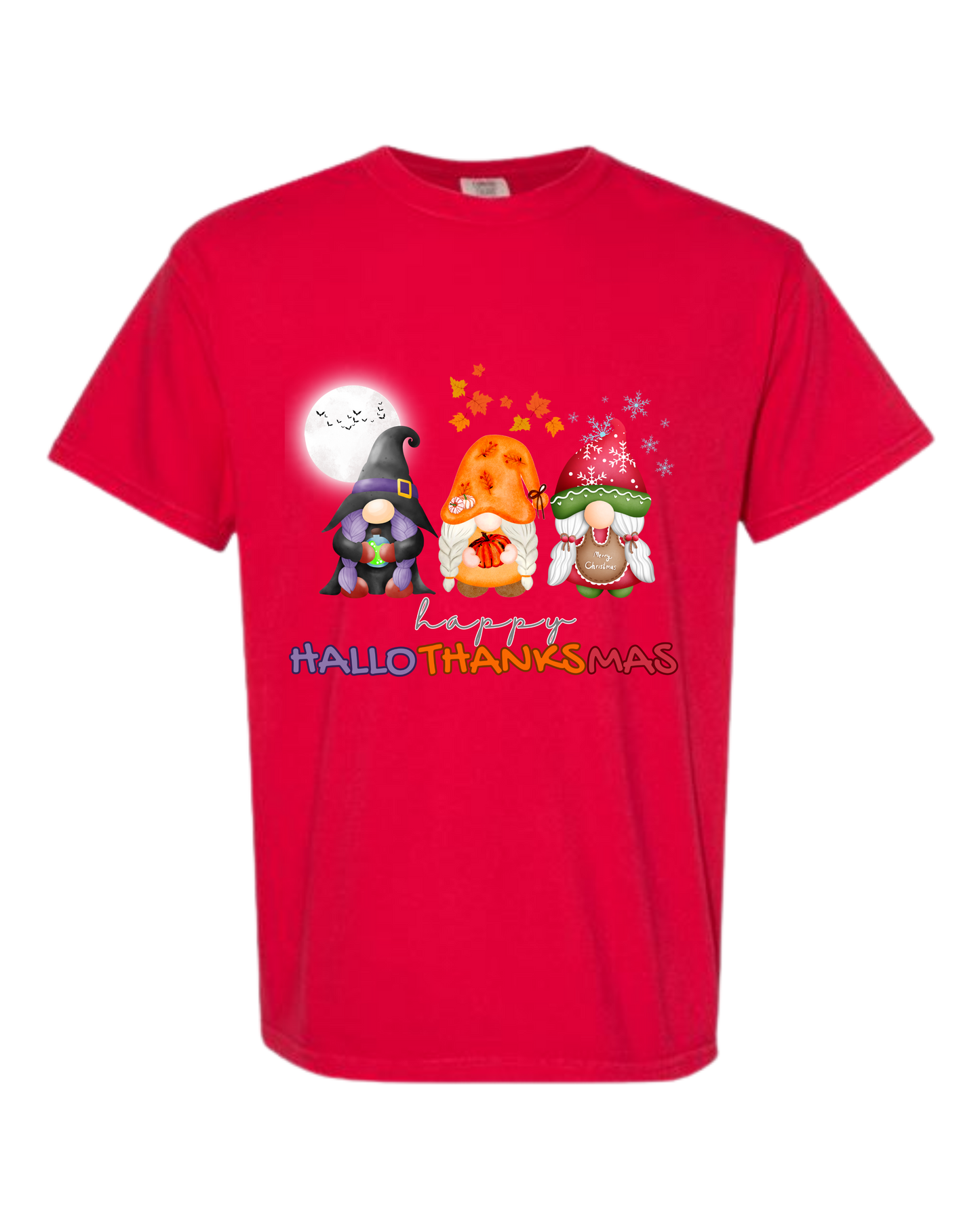 Happy HalloThanksMas Gnomes - Comfort Colors - Heavyweight Unisex Tee - Reds