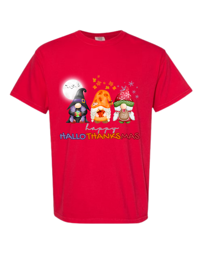 Happy HalloThanksMas Gnomes - Comfort Colors - Heavyweight Unisex Tee - Reds