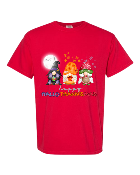 Happy HalloThanksMas Gnomes - Comfort Colors - Heavyweight Unisex Tee - Reds