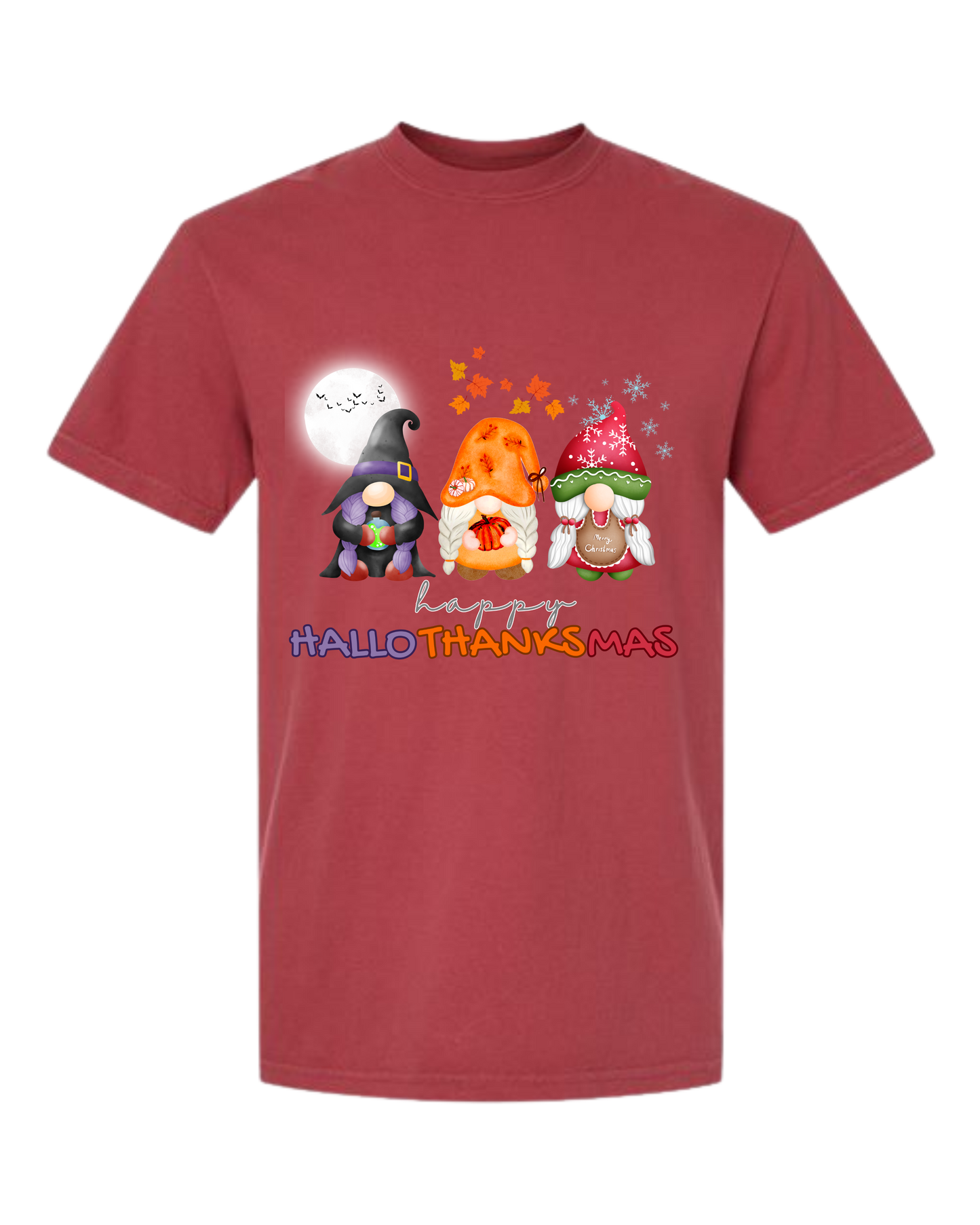 Happy HalloThanksMas Gnomes - Comfort Colors - Heavyweight Unisex Tee - Reds