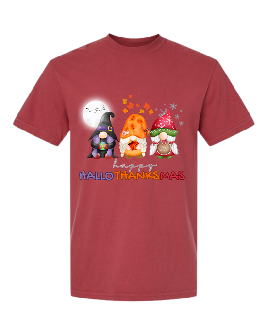 Happy HalloThanksMas Gnomes - Comfort Colors - Heavyweight Unisex Tee - Reds