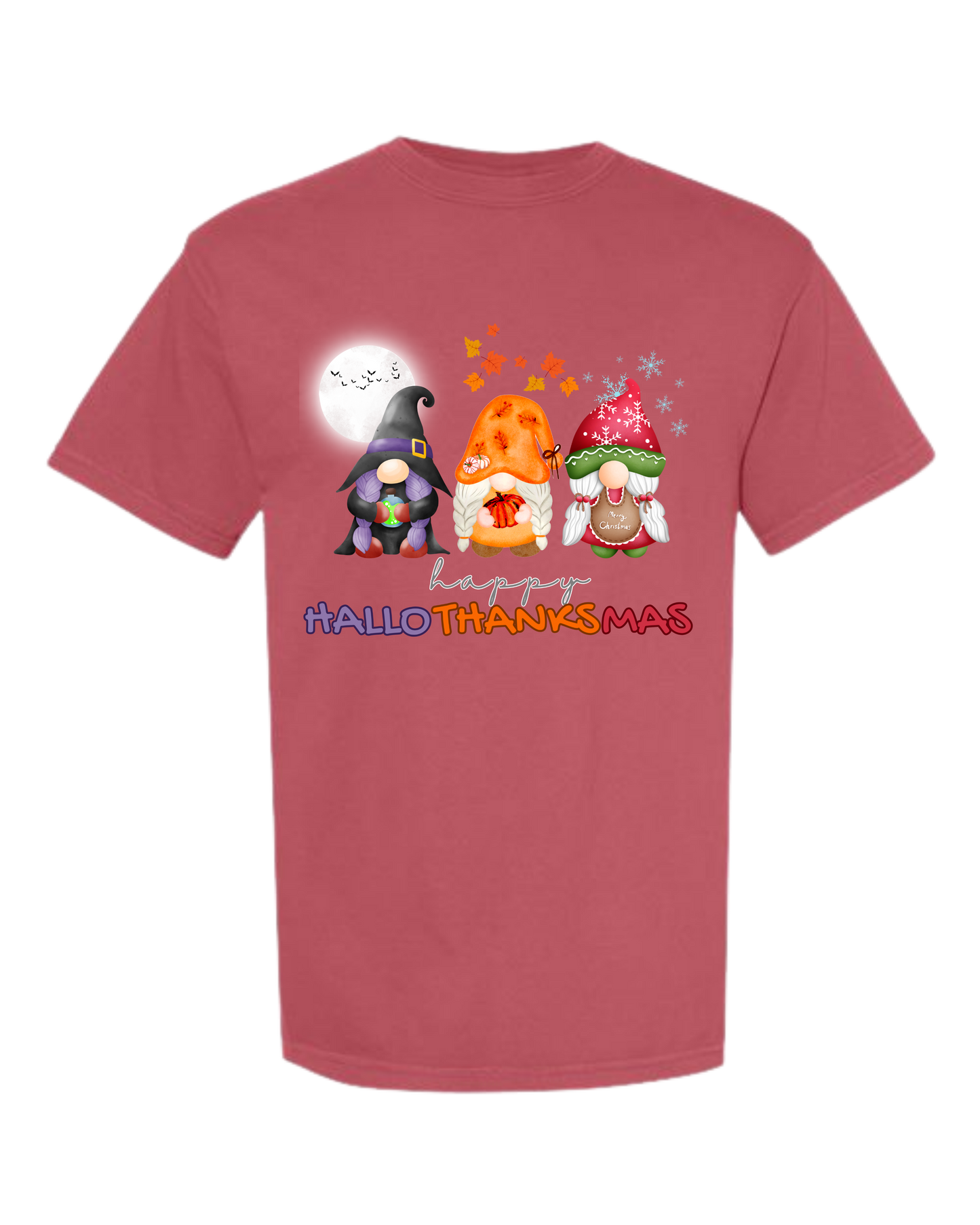 Happy HalloThanksMas Gnomes - Comfort Colors - Heavyweight Unisex Tee - Reds