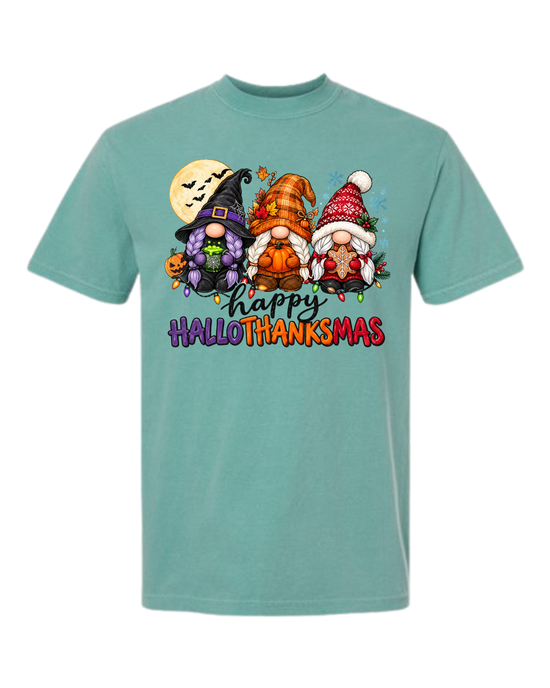 Happy HalloThanksMas Gnomes - Comfort Colors - Heavyweight Unisex Tee - Greens