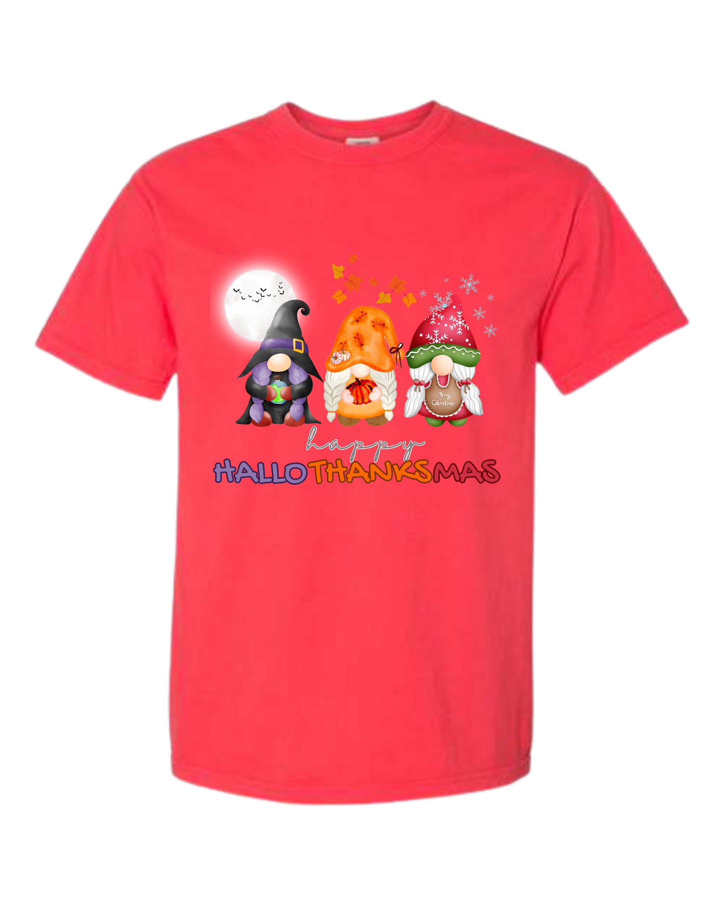 Happy HalloThanksMas Gnomes - Comfort Colors - Heavyweight Unisex Tee - Reds