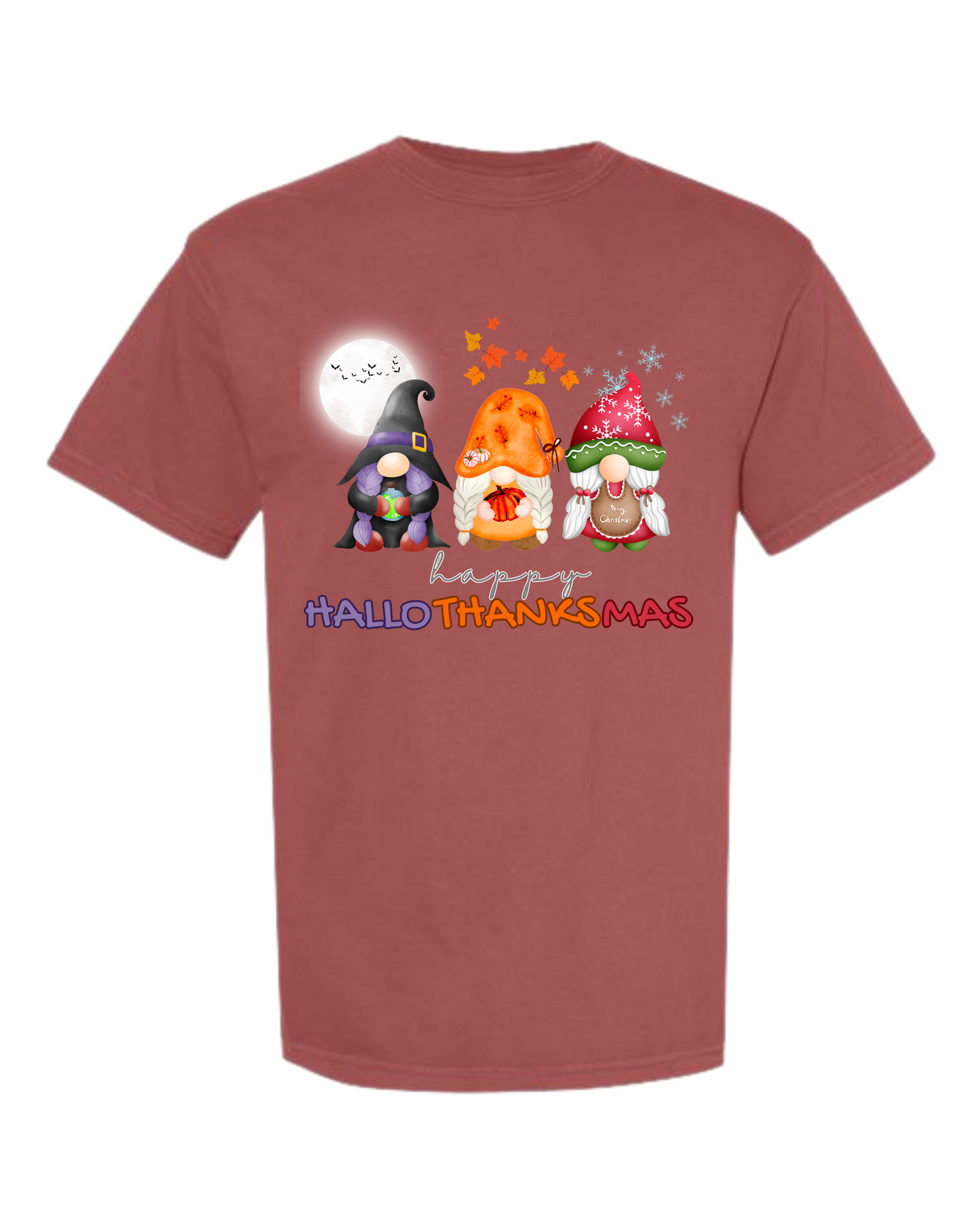 Happy HalloThanksMas Gnomes - Comfort Colors - Heavyweight Unisex Tee - Reds