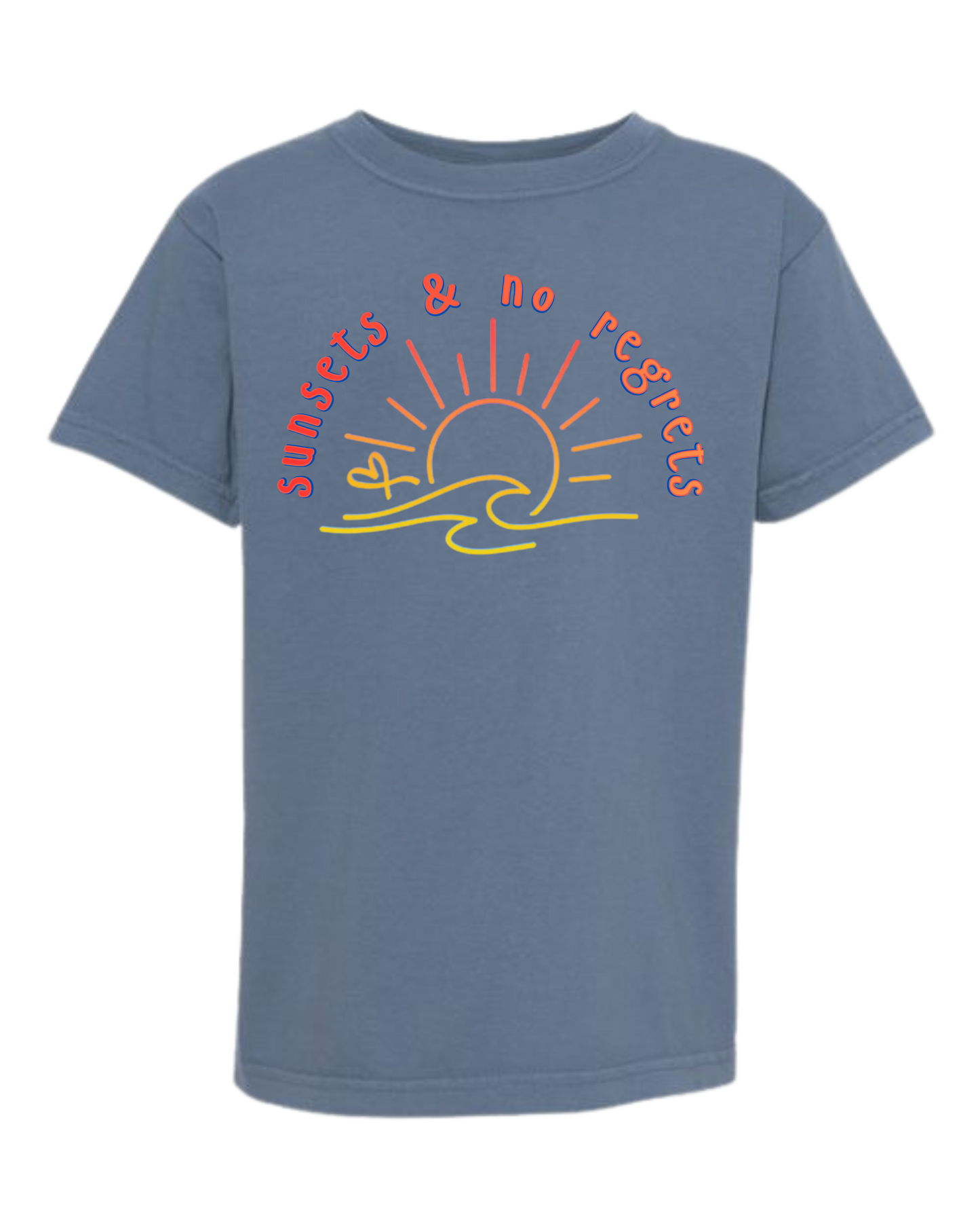 Sunsets & No Regrets - Comfort Colors - Heavyweight Youth Tee - Neutral Colors & Blues