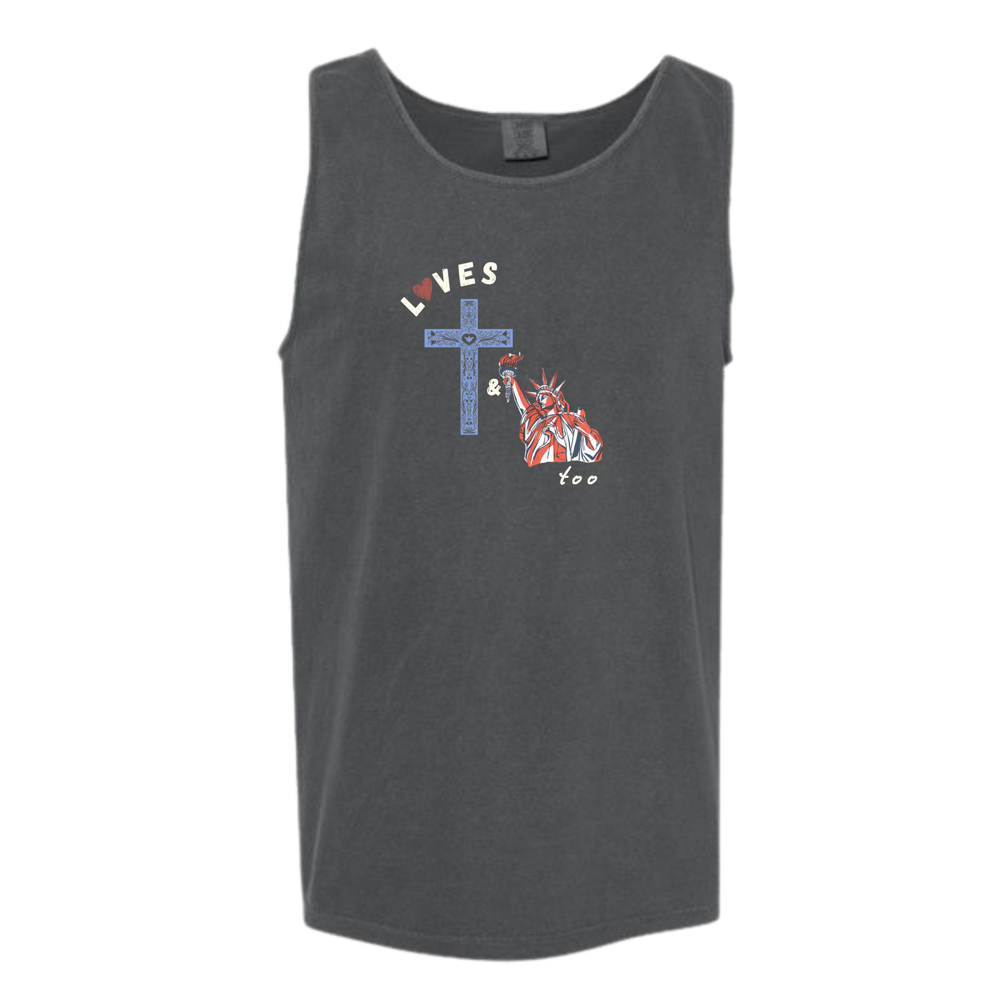Loves Jesus & America too - Comfort Colors - Unisex Tank - Neutral Colors & Blues
