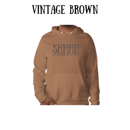 shhhh the hormones are in charge - sponge fleece hoodie - greens, neutrals