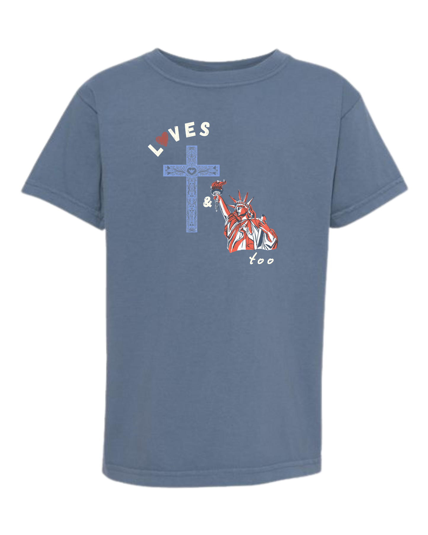 Loves Jesus & America too - Comfort Colors - Heavyweight Youth Tee - Neutral Colors & Blues