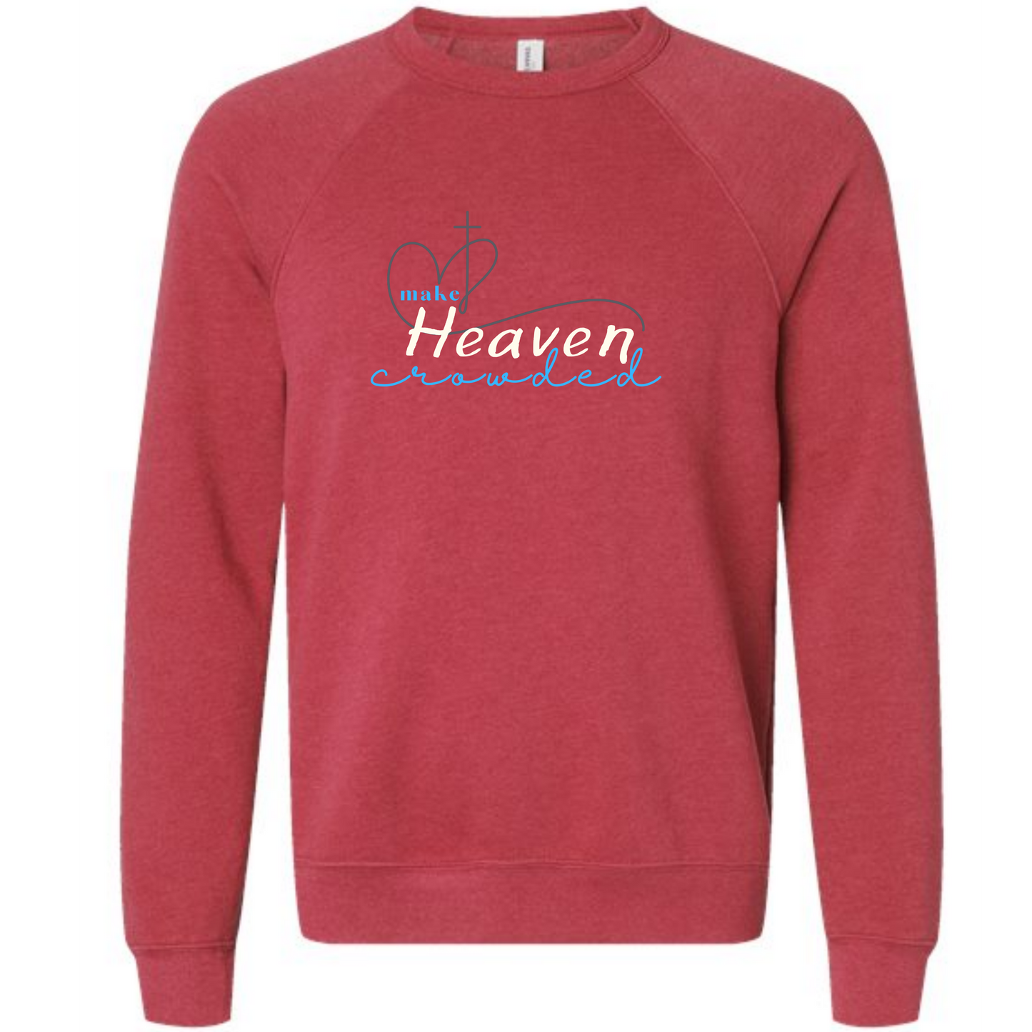 Red raglan sweatshirt with Make Heaven Crowded Heart and Cross image