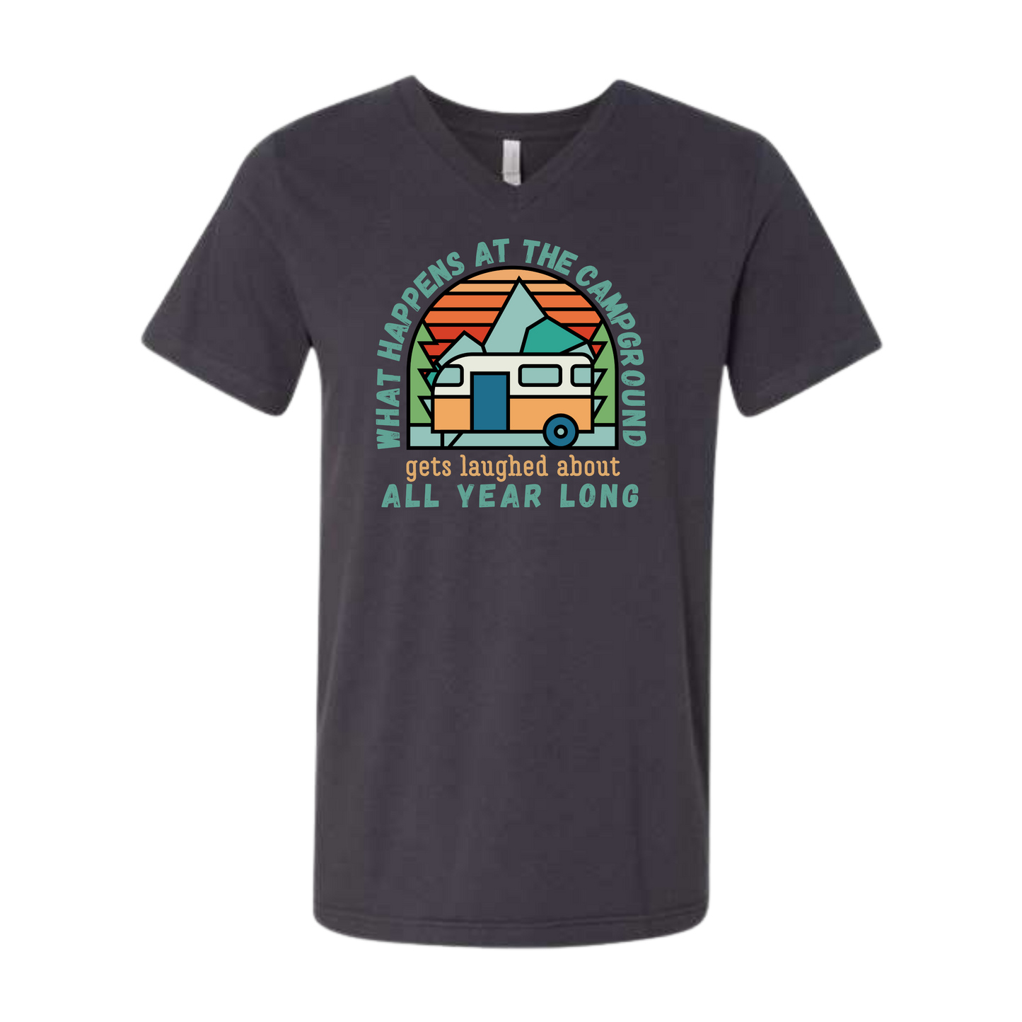 What Happens At The Campground - Bella+Canvas - Unisex V-Neck - Neutral Colors