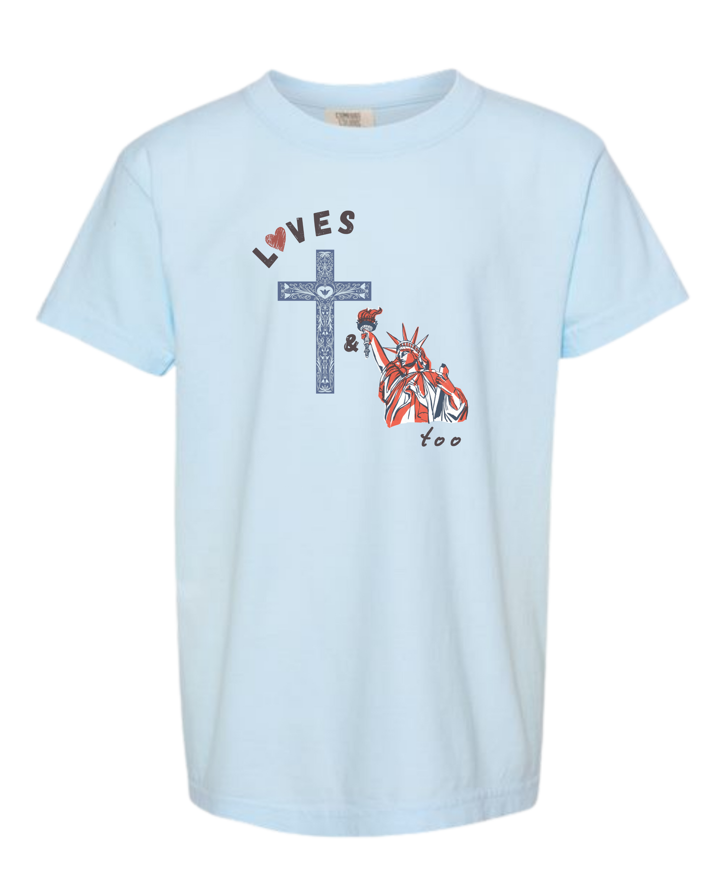 Loves Jesus & America too - Comfort Colors - Heavyweight Youth Tee - Neutral Colors & Blues