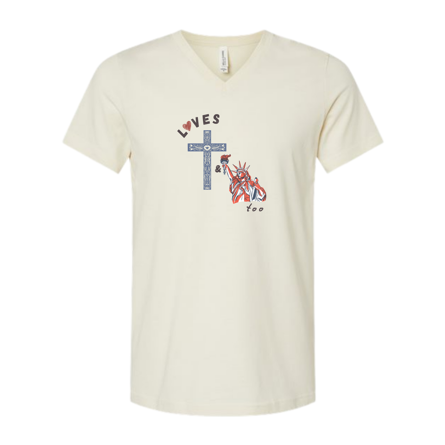 Loves Jesus & America too - Bella+Canvas - Unisex V-Neck - Neutral Colors